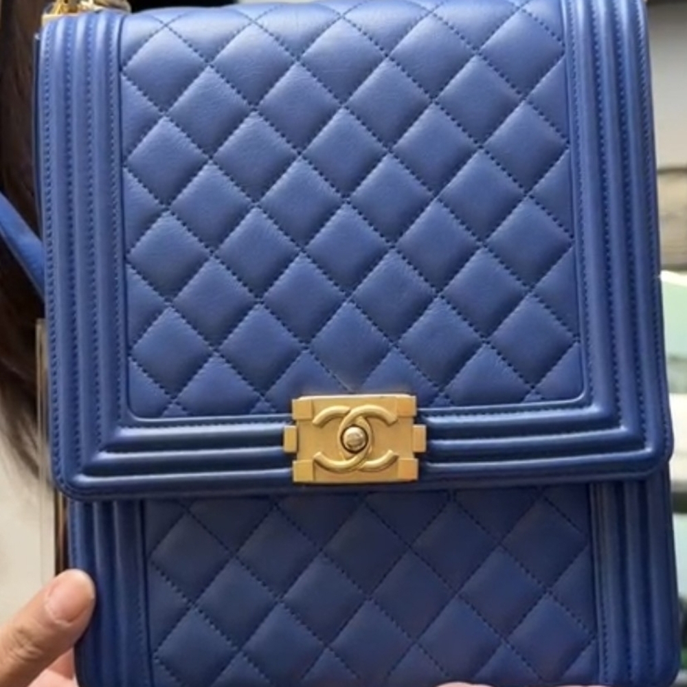 Chanel Boy North South Vertical Bag Blue Quilted Lambskin Gold HardwareAuthentic